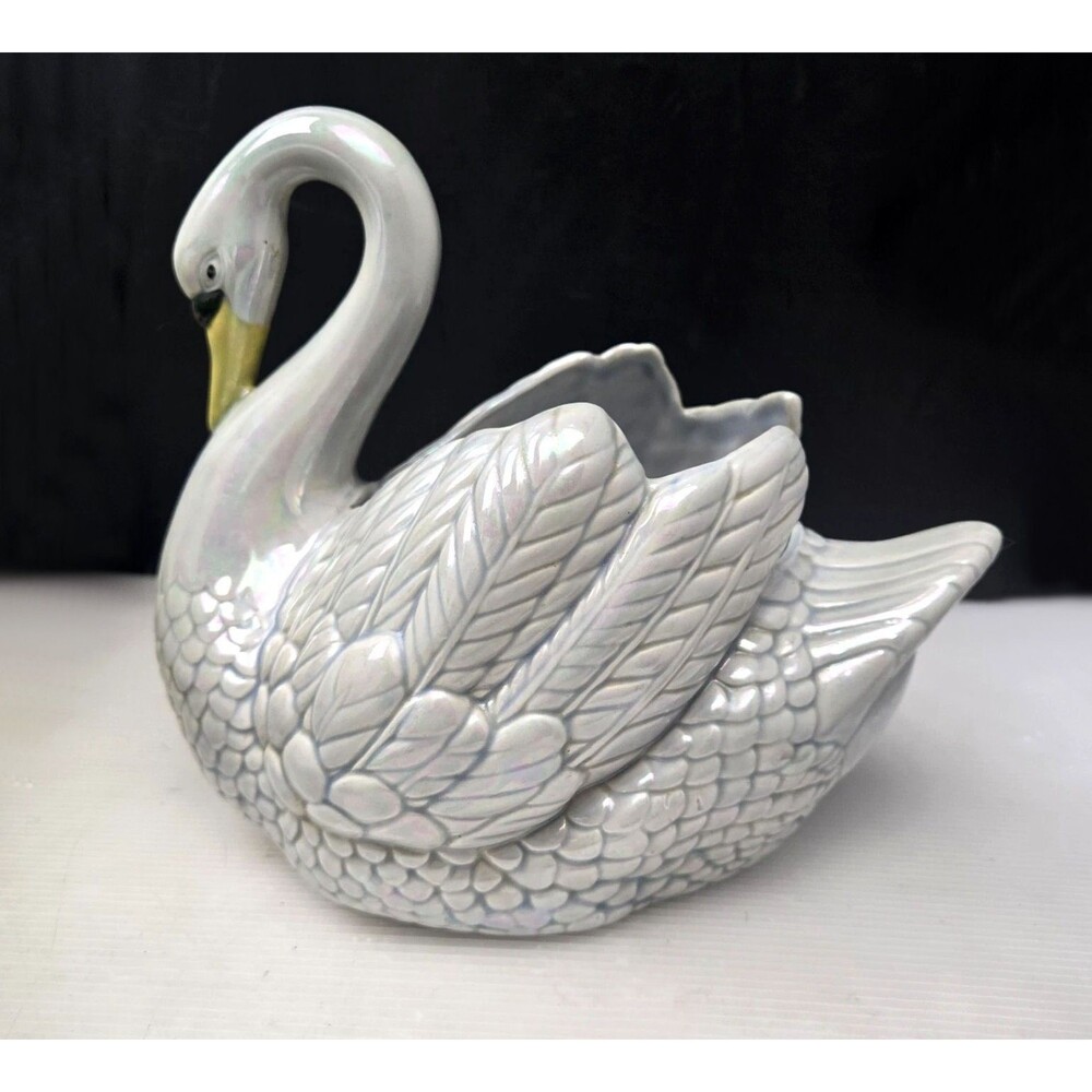 Vintage Holland Mold Swan Planter Pearlized Iridescent Luster Ceramic 11” 1974